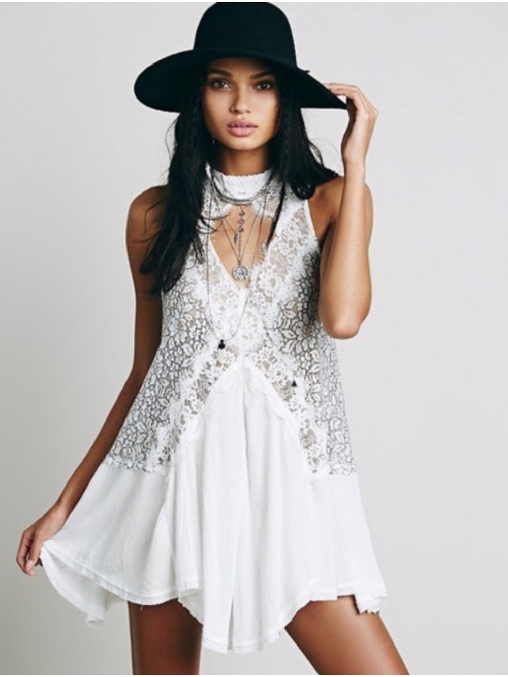 Free People Tell Tale Heart Lace  Dress Floral Tunic Sz M Lagen Boho